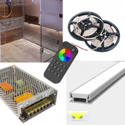 Recessed Tile In Shower Niche LED Strip RGBW Colour Changing - Recessed Tile In Shower Niche Bathroom Wetroom WC LED Kit - Includes LED Strip Tape, LED Profile, Driver + Optional RF Remote or Wall Plate Controller, 5m Cable 24V - IP65 Recessed Tile In Shower Niche LED Strip RGBW Colour Changing - Recessed Tile In Shower Niche Bathroom Wetroom WC LED Kit - Includes LED Strip Tape, LED Profile, Driver + Optional RF Remote or Wall Plate Controller, 5m Cable 24V - IP65