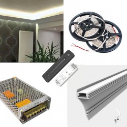 LED Strip Wall Mount Cove Coving LED Profile Strip Complete Kit - Includes LED Strip Tape, LED Profile, Driver + Optional Remote Dimmer or Wall Plate Dimming Switch, 5m Cable 24V - Single Colour IP21 LED Strip Wall Mount Cove Coving LED Profile Strip Complete Kit - Includes LED Strip Tape, LED Profile, Driver + Optional Remote Dimmer or Wall Plate Dimming Switch, 5m Cable 24V - Single Colour IP21